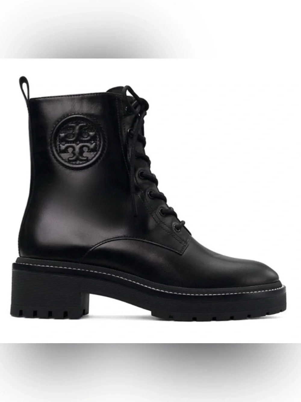 Tory Burch Lug Sole Ankle Boots Perfect Black Leather Lace Up Combat Size 7M New